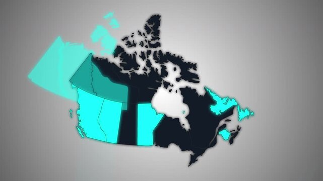 Animated map of Canada with highlighted provincial and territorial borders, ideal for geography, travel, news, education, business, and infographic projects.