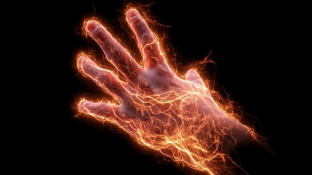 A glowing hand emitting intense radiant energy with fiery electric arcs crackling across translucent skin under dramatic neon illumination