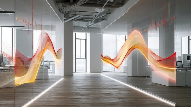 Modern minimalist office space with dynamic abstract light projections casting vibrant wave-like patterns on polished concrete floors and reflective glass walls during evening ambiance