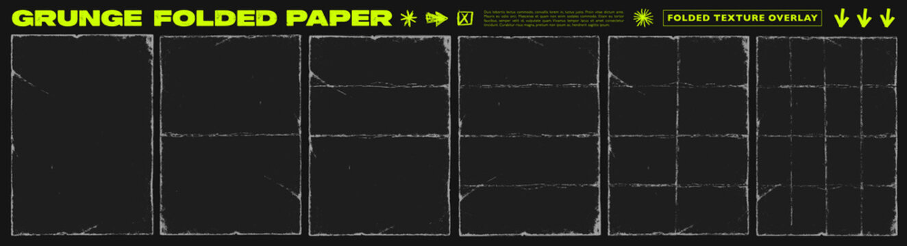 Folded overlay texture frames template set. Horizontal and vertical wrinkles and folded effect on paper sheets. Hand drawn vector grunge torn effect background. Aged and old texture.