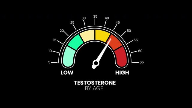 Animation testosterone level gauge chart with colorful indicator needle measures hormone levels for age range comparison. Suitable for medical and fitness illustrations.