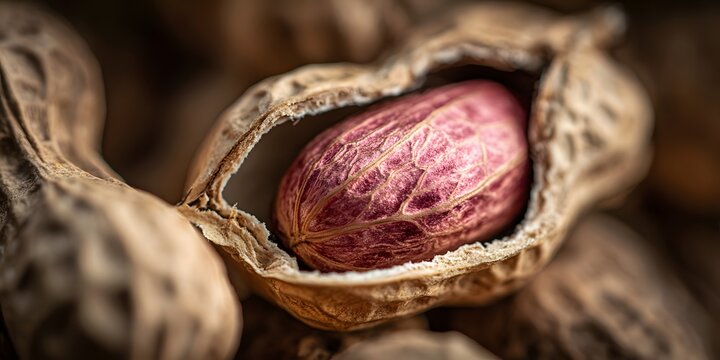An open peanut shell revealing a pinkish seed with detailed surface texture