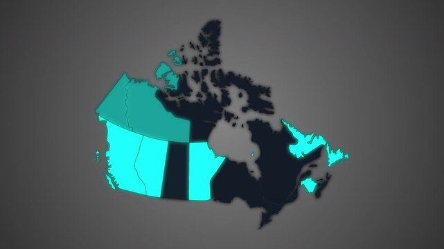 Animated map of Canada with highlighted provincial and territorial borders, ideal for geography, travel, news, education, business, and infographic projects.