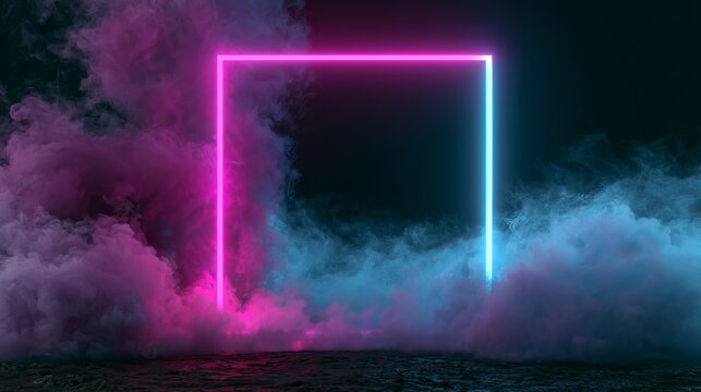 Ethereal glowing geometric square suspended in a surreal misty void with vibrant neon pink and electric blue hues against a deep cosmic twilight backdrop