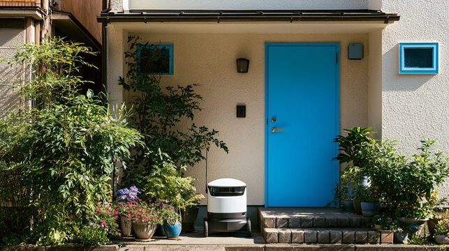 A charming small Japanese-style home with a vibrant turquoise front door framed by lush greenery and blooming plants against a serene urban backdrop