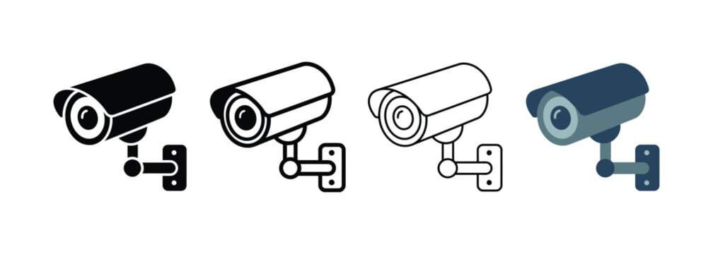 Set of CCTV Security Camera Icons in Solid, Outline, and Flat Styles for Surveillance Systems