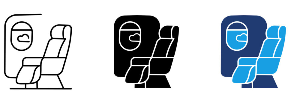 Airplane seat icon set with porthole window. Symbol of flight booking, window seat reservation, airline passenger comfort, business class, and air travel.