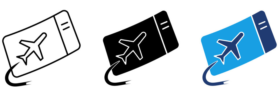 Plane ticket icon set with boarding pass. Symbol of flight booking, airline ticket, pass voucher, airport check-in, travel agency, tourism, and aviation transport.
