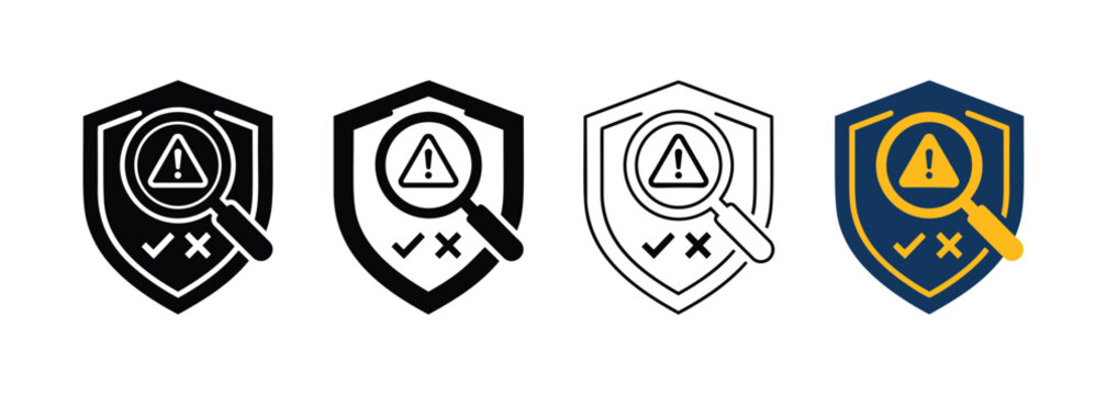 Cyber Security Shield Icons with Magnifying Glass Warning and Verification Check Mark Symbols