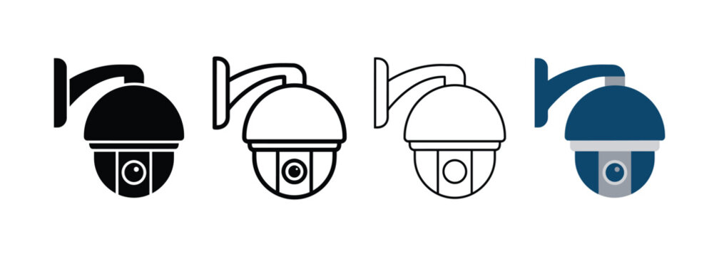 Set of Four Security Surveillance Camera Icons in Solid Outline and Flat Vector Graphic Styles