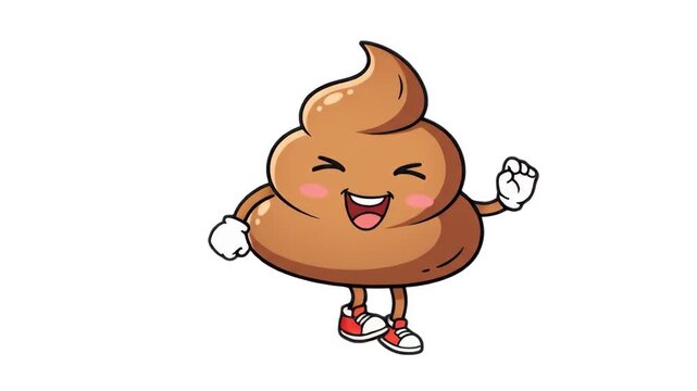 A happy 3D cartoon poop mascot is dancing with a big cheerful smile isolated on a plain white backdrop. Great for funny animations, kids content, social media memes, and humorous graphic overlays.