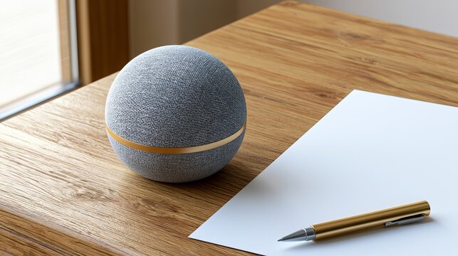 Elegant minimalist smart speaker with sleek gray finish resting beside a blank notebook and gold-tipped pen on a warm wooden desk near a soft natural light window