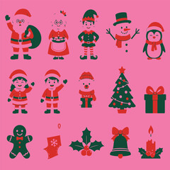 Fototapeta premium Christmas Characters and Elements Vector Set featuring Santa Claus, Mrs. Claus, Elf, Snowman, Penguin, Kids, Tree, and Holiday Decorations
