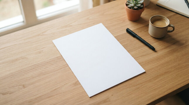 Blank Paper Mockup on Wooden Desk with Coffee Cup Pen and Smartphone Top View Workspace Setup
