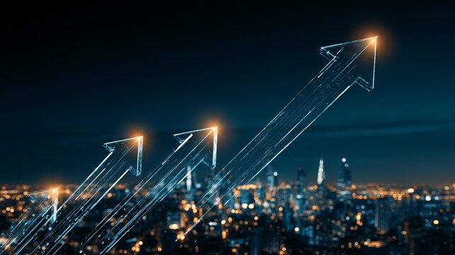 Radiant futuristic city skyline illuminated by glowing upward-pointing digital arrows against a starry night sky, symbolizing growth and innovation in urban development