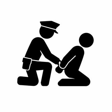 Police Officer Arresting Kneeling Suspect Black Silhouette Law Enforcement Icon