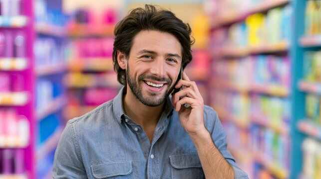 A cheerful young man in a casual denim shirt engaging in a lively phone conversation amidst a vibrant, well-stocked retail store filled with colorful merchandise displays and shelves brimming with