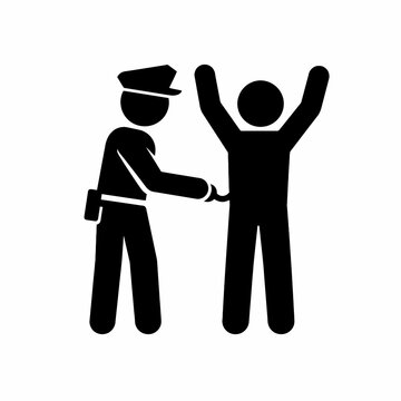 Police Officer Arresting Suspect With Raised Hands Black Silhouette Icon