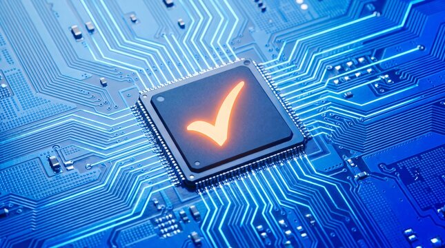 Glowing checkmark on a computer processor. Digital chip showing successful system validation.