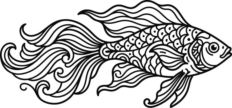Intricate zentangle style line art illustration of a fancy goldfish.