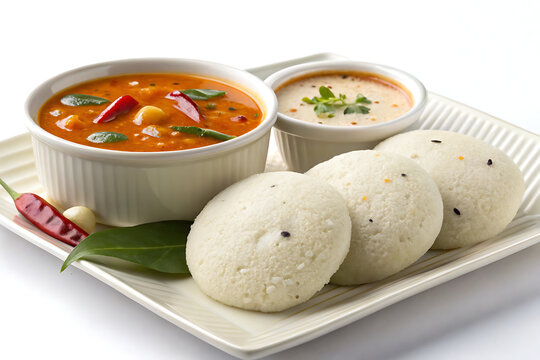 Idli & Sambar (India), isolated on a pure white background, steamed rice cakes served with sambar and coconut chutney, realistic food photography, ultra detailed, no background.
