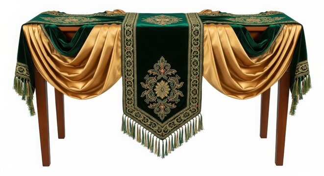 Elegant green velvet table runner with gold embroidery and fringe trim embroidery decoration interior traditional ornament furnishing ornamentation highlight velveteen