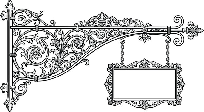 Vintage ornate metal wall bracket with hanging rectangular sign in a classic black and white graphic silhouette