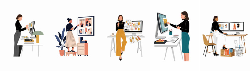 Fototapeta premium Vector illustration set of diverse professional women working in creative industries like graphic design, fashion, and architecture in modern office environments.