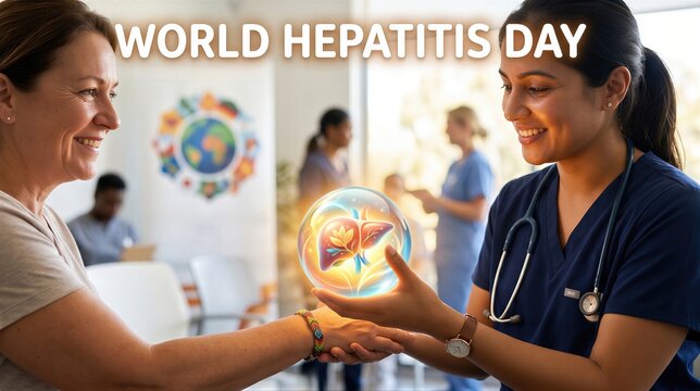 Doctor showing woman a glowing 3D liver model. World Hepatitis Day medical awareness concept. Healthcare professional educating patient about organ health, diagnostic tech and viral disease.