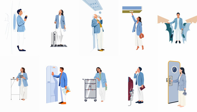 Vector illustration set of diverse passengers in various airplane cabin scenarios including boarding, stowing luggage, and waiting during a commercial flight.