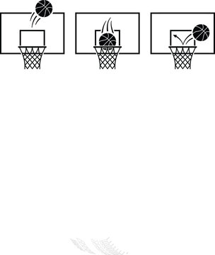 Basketball hoop vector illustration set showing three game scenarios including clean shot bounce back and swish scoring motion
