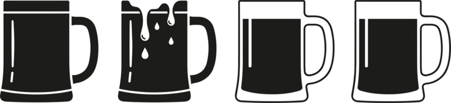 Beer mug icons set vector illustration featuring black silhouette and linear graphics of pint glasses with foam and liquid