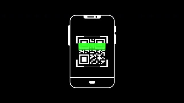 Scan QR code barcode animation icon on black background, with green line code. Suitable for technology and programming related designs. Perfect for web development projects.