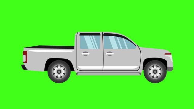 silver white pickup truck flat style on green screen background motion graphic 