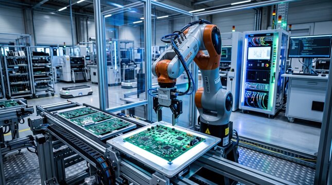Robotic arm assembling electronic circuit boards in smart factory, industrial automation process, high tech manufacturing industry, precision engineering workflow, conveyor belt