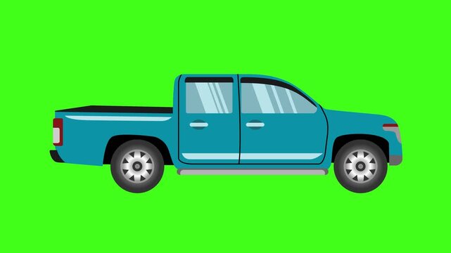 blue pickup truck flat style on green screen background motion graphic 