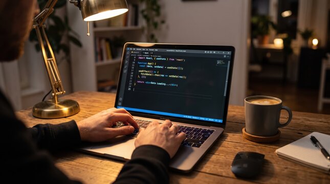 Programmer coding on laptop at wooden desk with lamp and coffee cup at night, software development and web design work from home office environment concept.