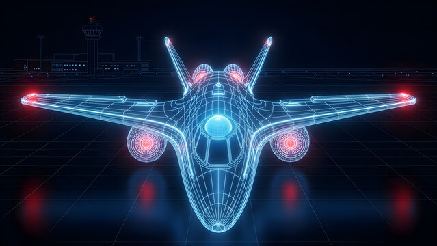 Futuristic Fighter Jet Wireframe Visualization Representing Advanced Aerospace Engineering and Digital Aviation Technology Concepts