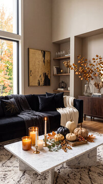 Luxury Halloween Living Room with Elegant Autumn Decorations