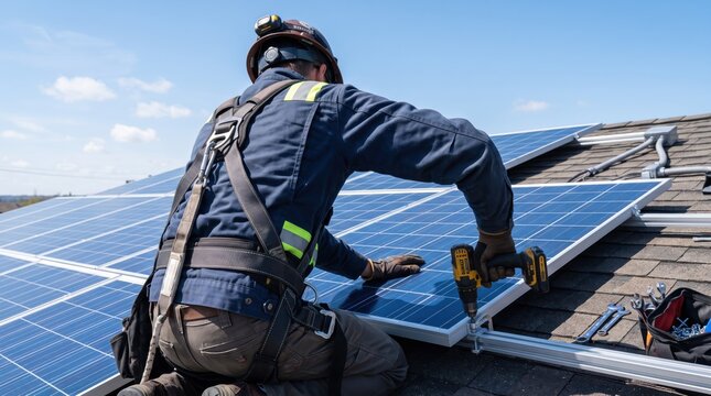 Professional worker installing solar panels on residential roof, renewable energy construction, green technology implementation for home electricity generation and sustainable