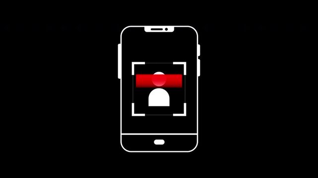 Scan QR code barcode animation and security concepts, this dynamic illustration features a white smartphone with face scanning animation for user verification. Suitable for website or app design.