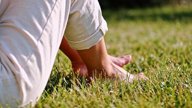 Person sitting on grass barefoot