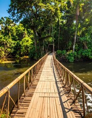 Obraz premium Bamboo suspension bridge crossing a tropical jungle river.