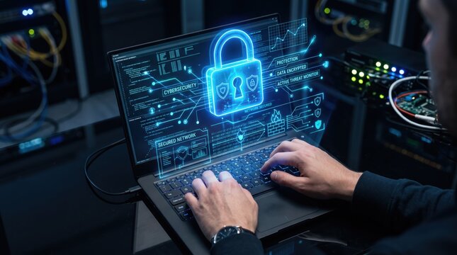 Cybersecurity specialist working on laptop with holographic padlock and data protection interface in server room, illustrating network security encryption and active threat