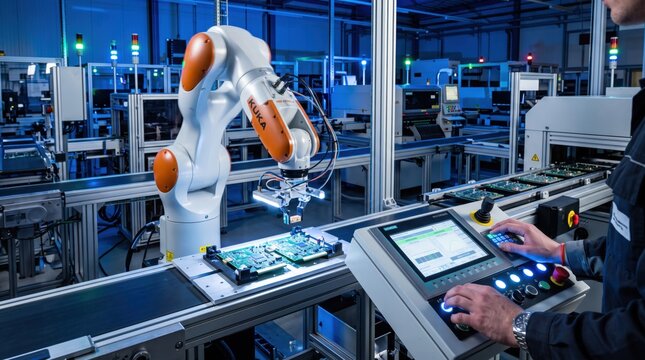 Factory operator using control panel to manage KUKA robotic arm assembling electronics on production line, showcasing human machine collaboration in advanced industrial automation