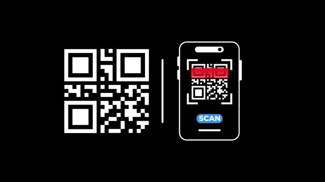 Scan QR code barcode animation. Suitable for technologythemed designs. Black and white qr code with a digital scanner button, smartphone outline, and blue square.