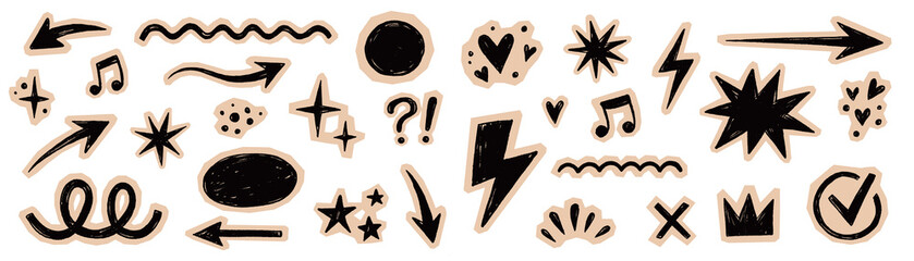 Naklejka na ściany i meble Paper element scrapbook sticker set. Hand drawn paper collage sticker notebook line crayon arrow star texture. Cute grunge doodle crown lightning diary note punk retro background. Vector illustration