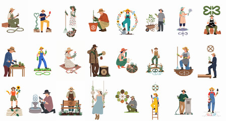 Fototapeta premium Large set of diverse flat character illustrations showing people gardening, planting trees, watering plants, and doing yard work with various tools and symbols.