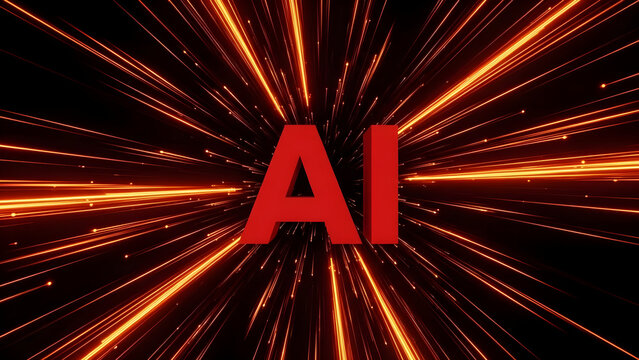 Red AI Text Floating Over Dynamic Golden Light Speed Lines Representing Advanced Artificial Intelligence Technology and Digital Acceleration