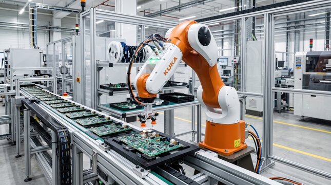 Industrial robotic arm assembling electronic circuit boards on a modern automated conveyor belt in a smart factory for mass production and manufacturing technology.